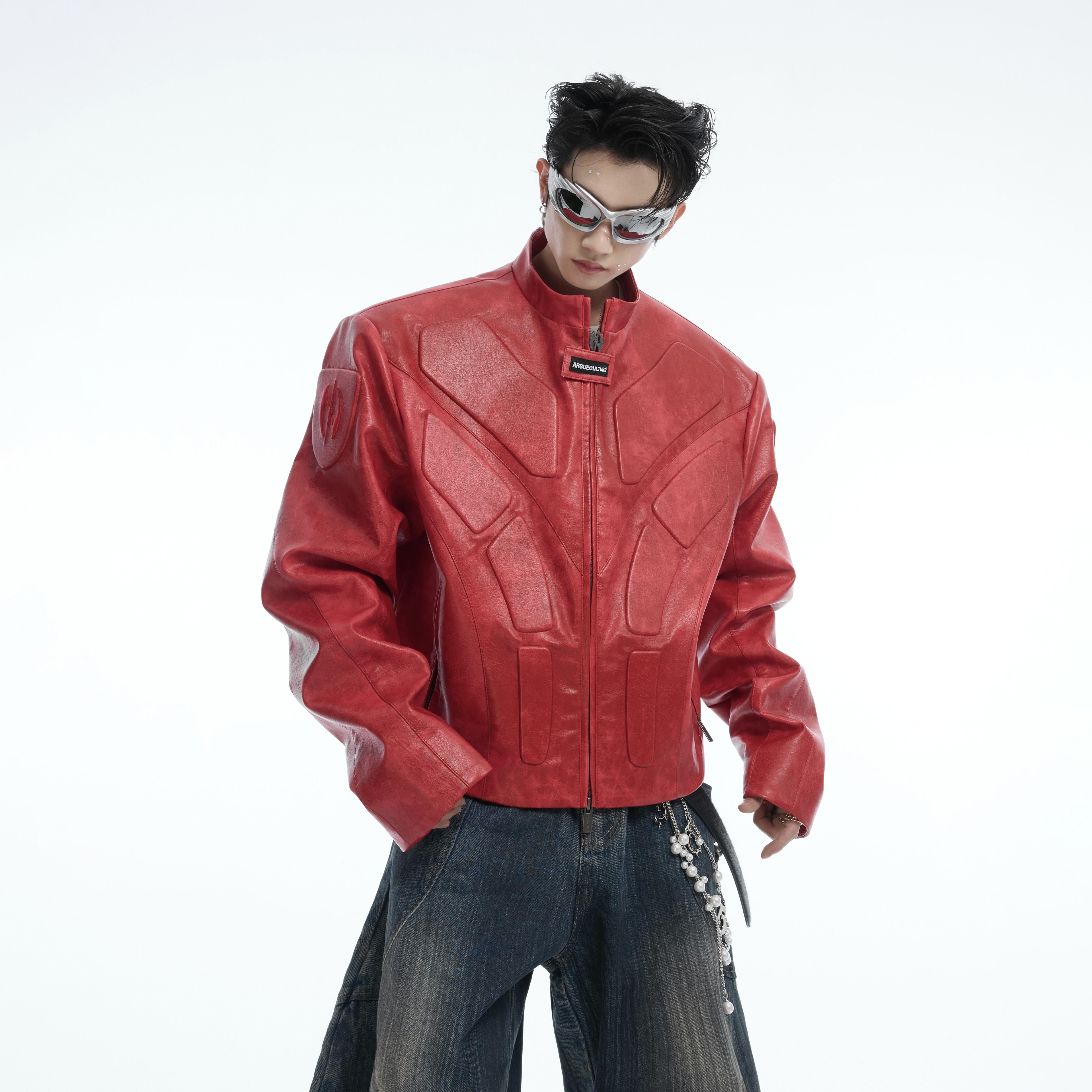 Close-up of premium PU leather texture on futuristic stand-collar biker jacket with raw street edge