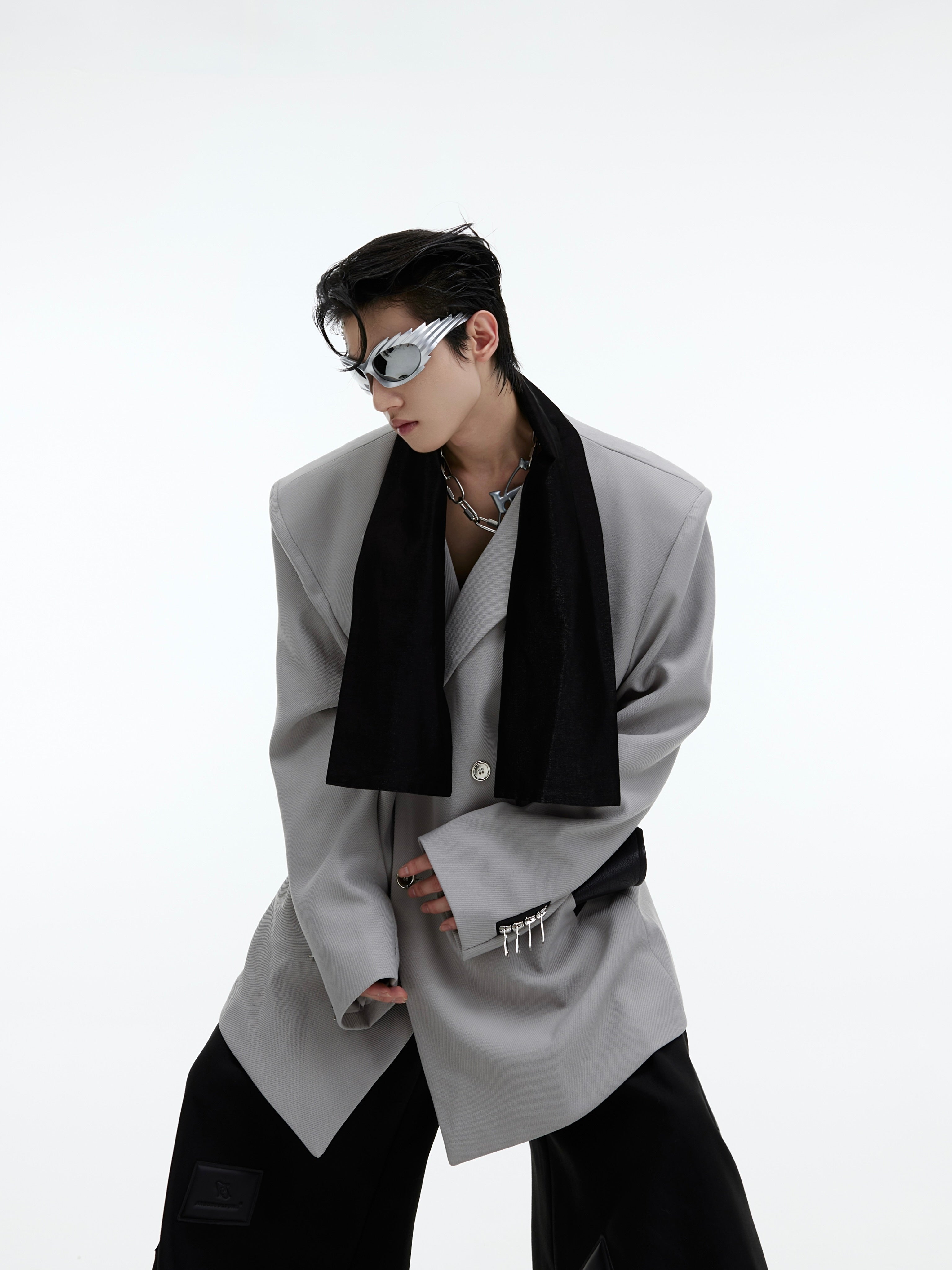 Front view of men's fashion blazer showing unique silk-lustre tie collar construction and modern cut