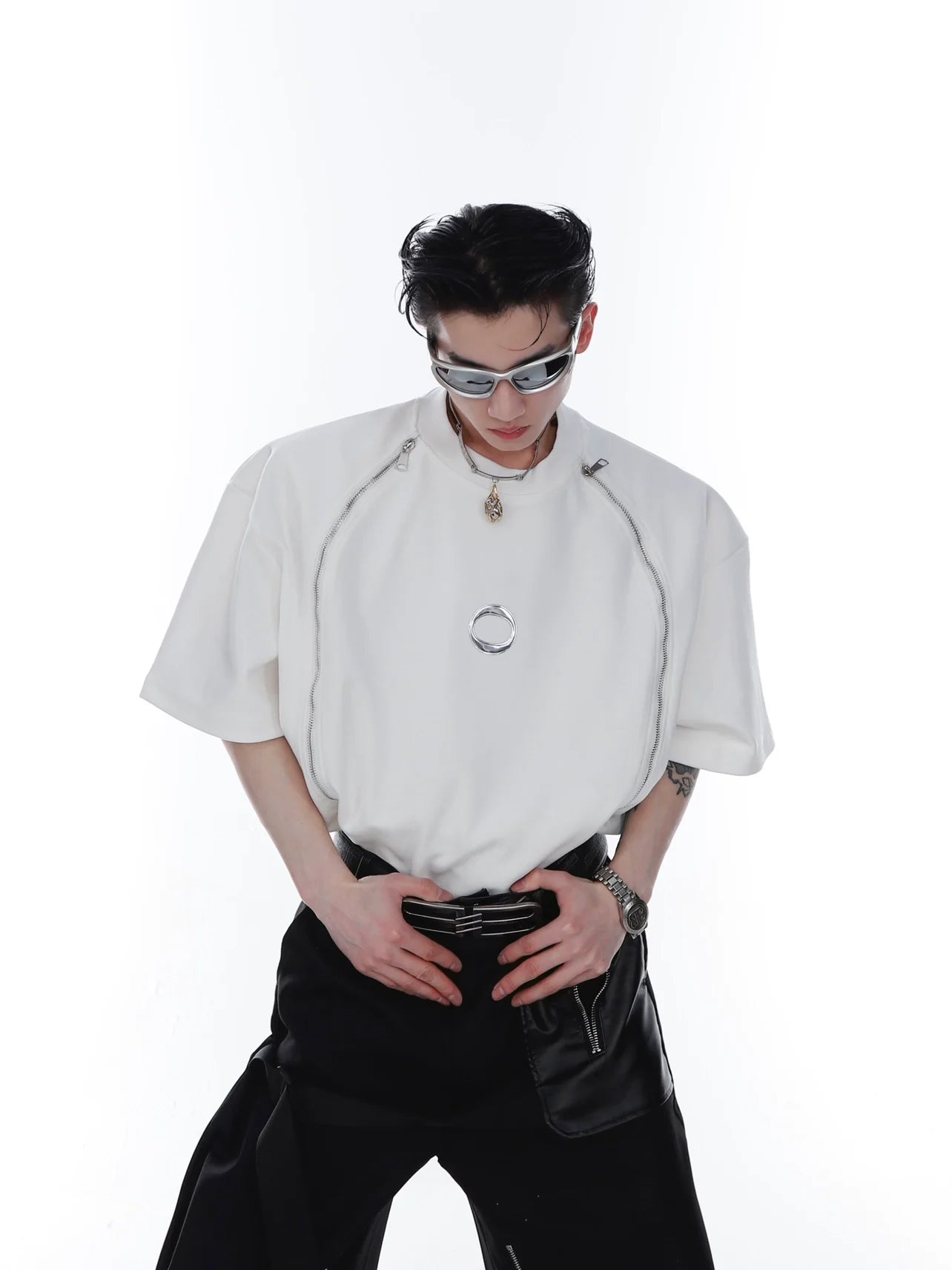 Avant-garde unisex streetwear t-shirt featuring bold double-zip shoulder pads and metallic print design