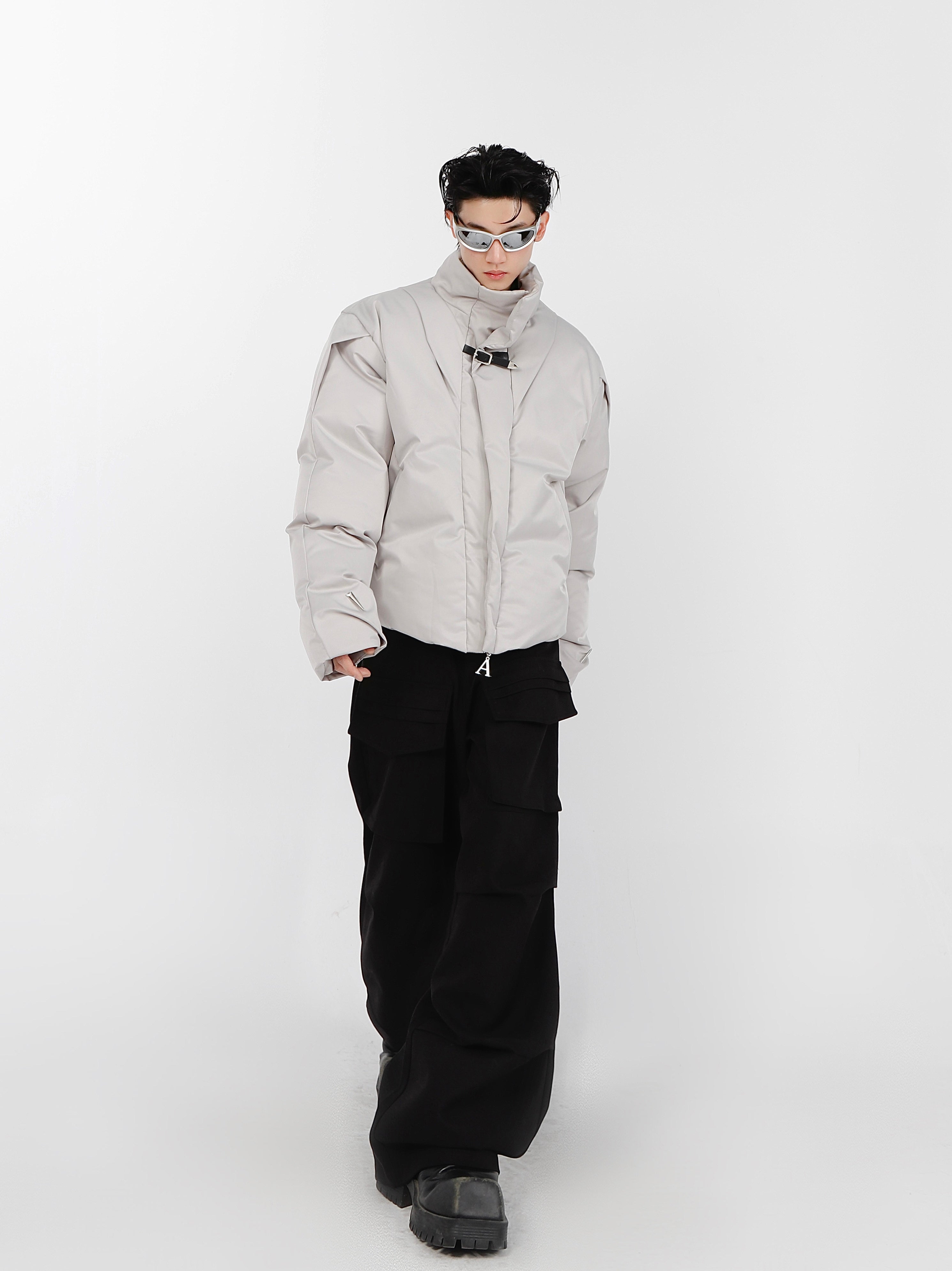 Back view of tailored stand-collar jacket showing urban-inspired streetwear design details