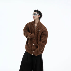 Close-up of the signature ribbed v-neck on this oversized knit sweater for urban fashion