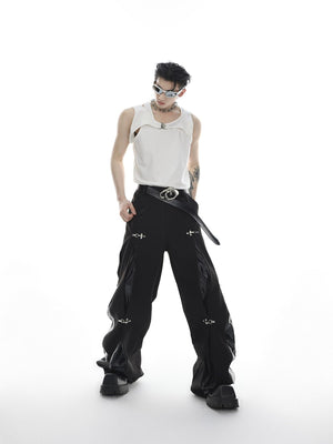Styling detail showing how to layer this edgy vest top with other streetwear pieces
