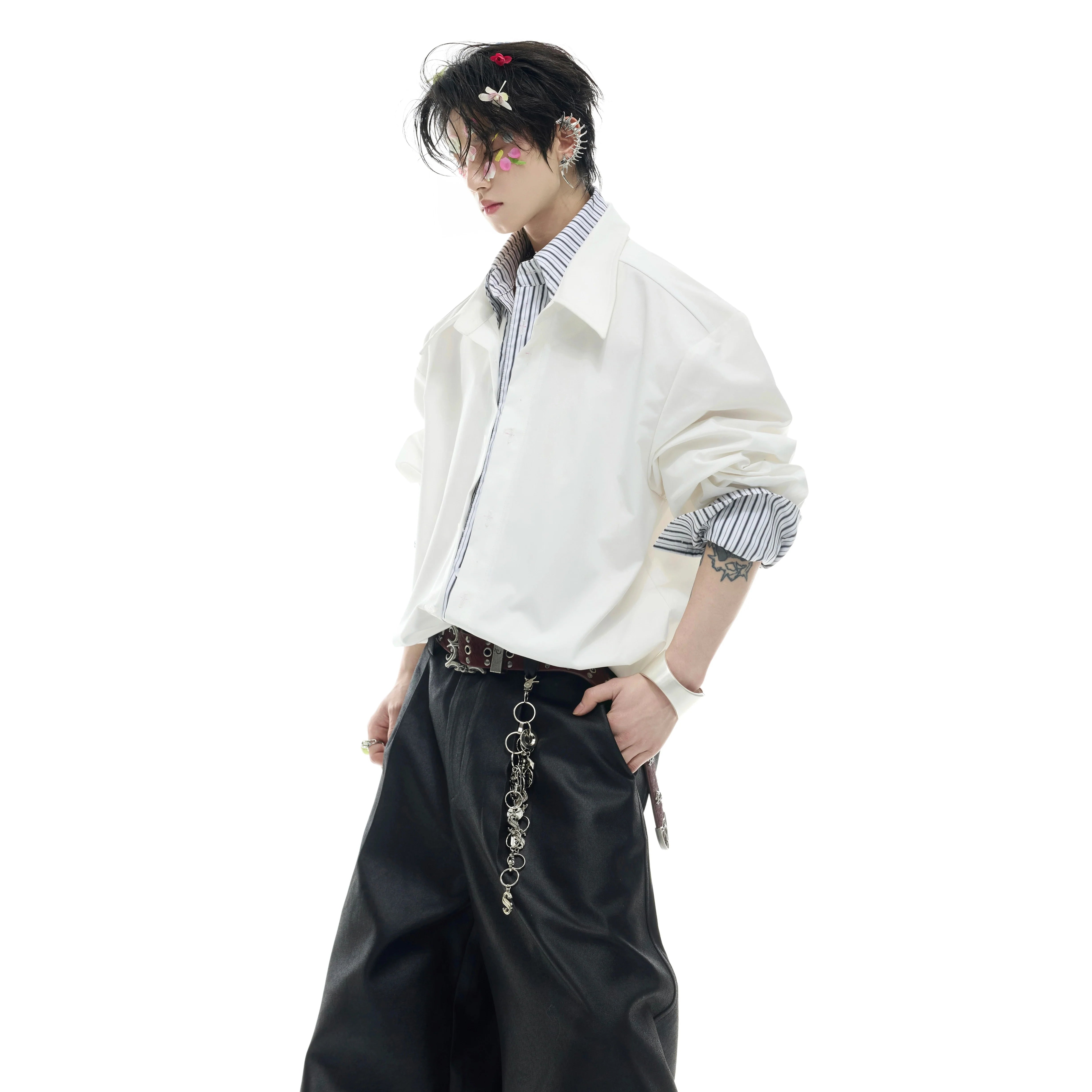 Front view of deconstructed striped color-block shirt with unique double-layer stand collar design