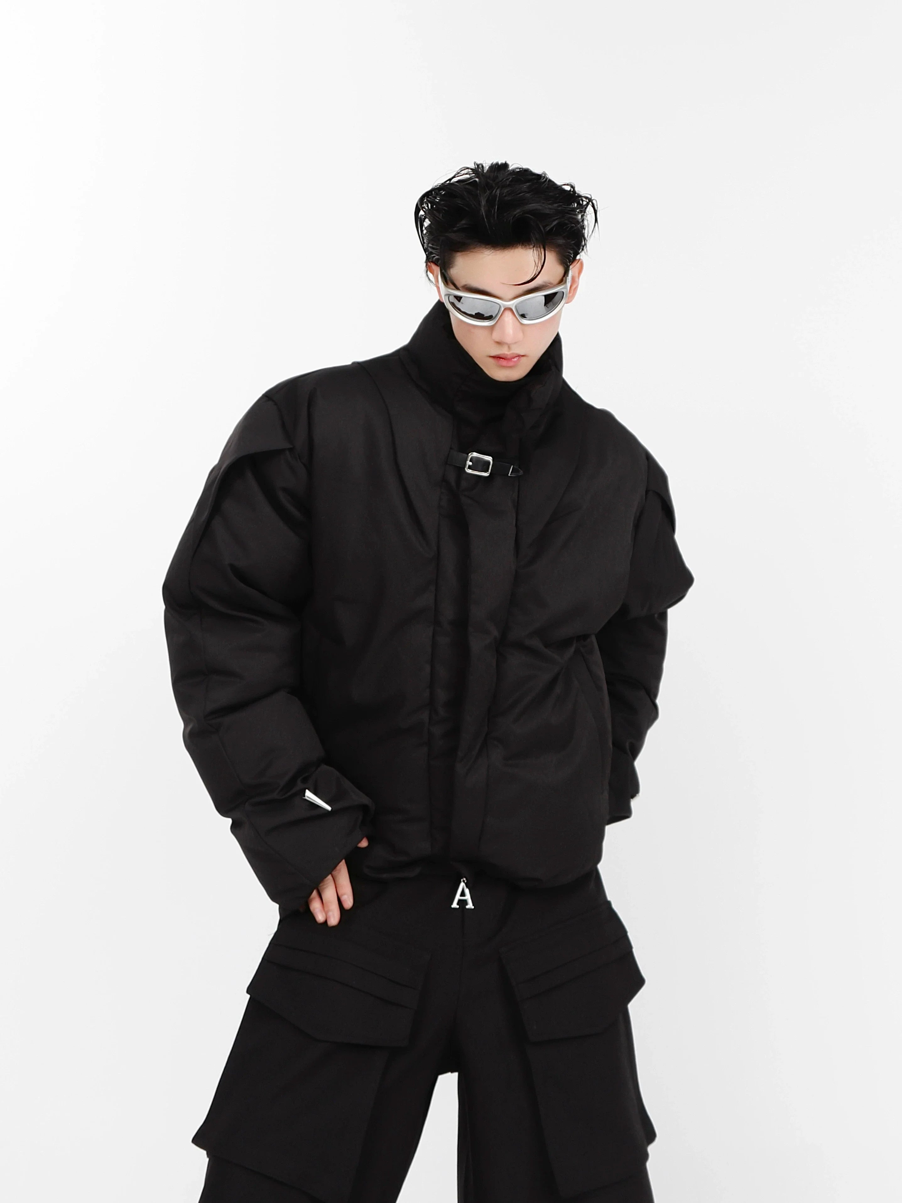 Structured stand-collar cotton jacket with minimalist design and metal accents for urban streetwear style