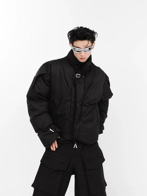 Structured stand-collar cotton jacket with minimalist design and metal accents for urban streetwear style