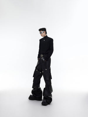 Back view of the fashion-forward high-neck shirt showing logo embellishment and tailored fit