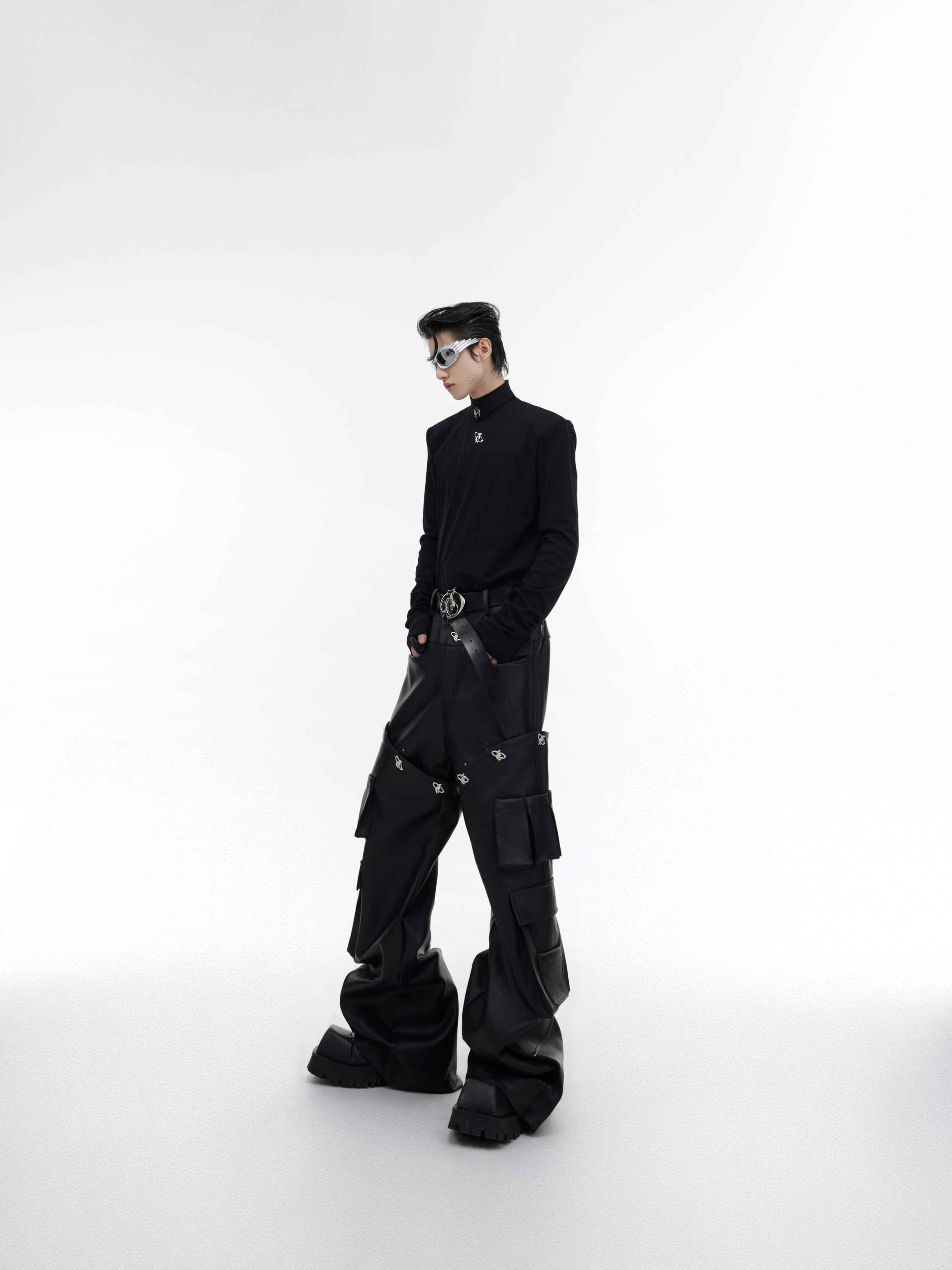 Back view of the fashion-forward high-neck shirt showing logo embellishment and tailored fit