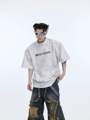 Summer graphic tee with metallic shoulder pads showing front view, perfect for streetwear fashion lovers