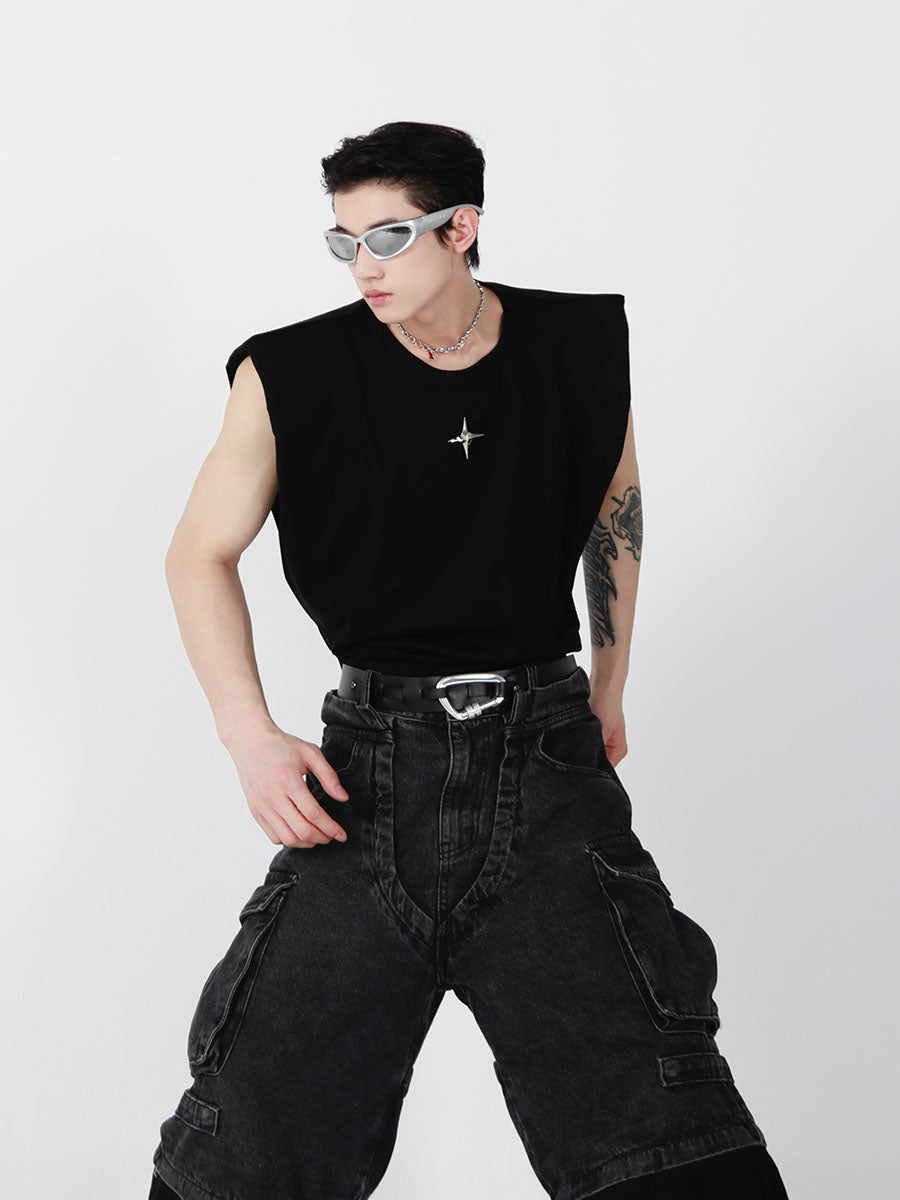 Front view of easy-care sleeveless top featuring innovative non-iron treatment and metallic accents