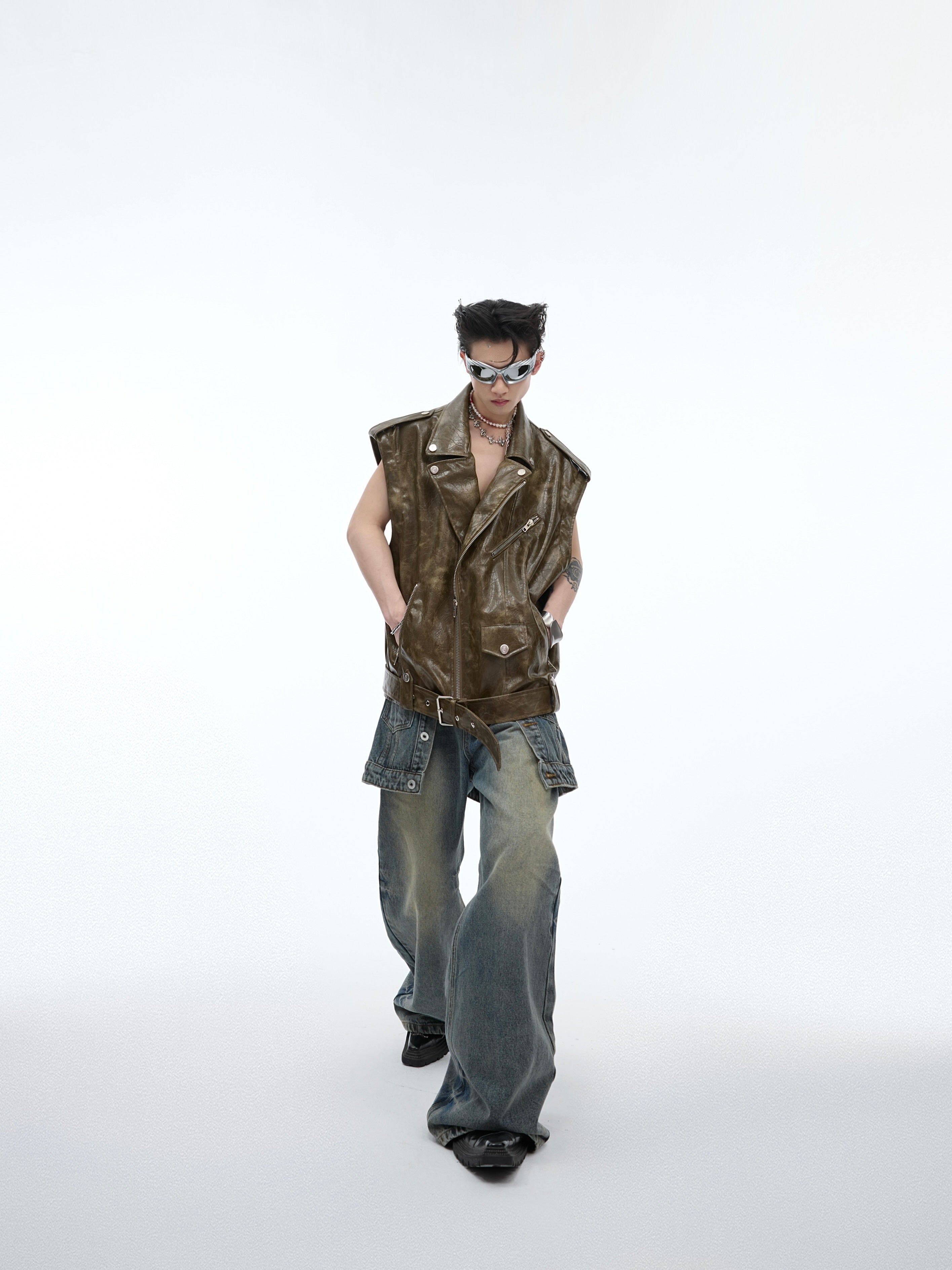 Close-up of distressed details and premium stitching on this convertible leather waistcoat for summer