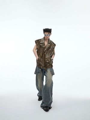 Close-up of distressed details and premium stitching on this convertible leather waistcoat for summer