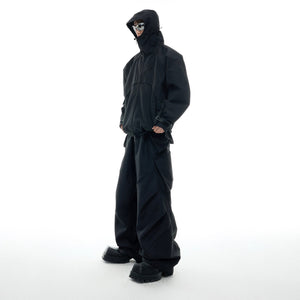 Back perspective of three-proof jacket featuring adjustable hood and reinforced stitching for durability