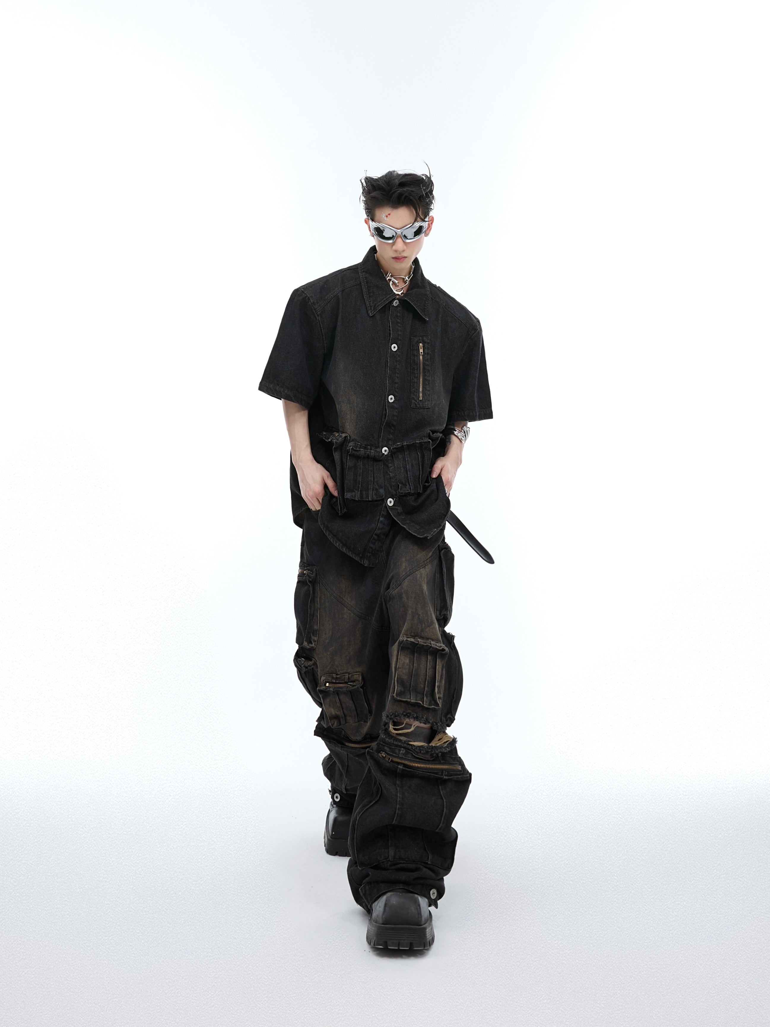 Side angle view showcasing the unconventional silhouette and eco-conscious fabric blend of this urban jacket