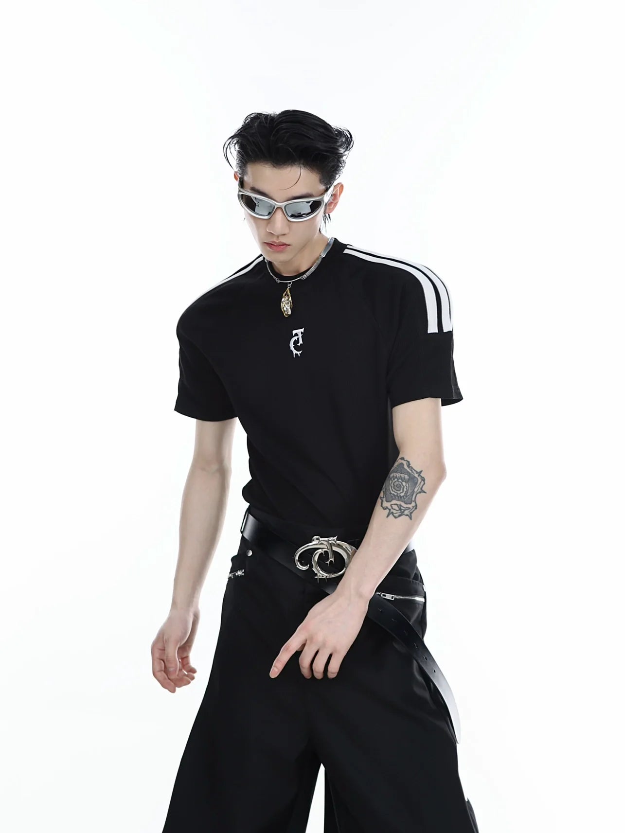 Unisex slim fit striped tee featuring innovative 3D cutting technology for a bold architectural silhouette