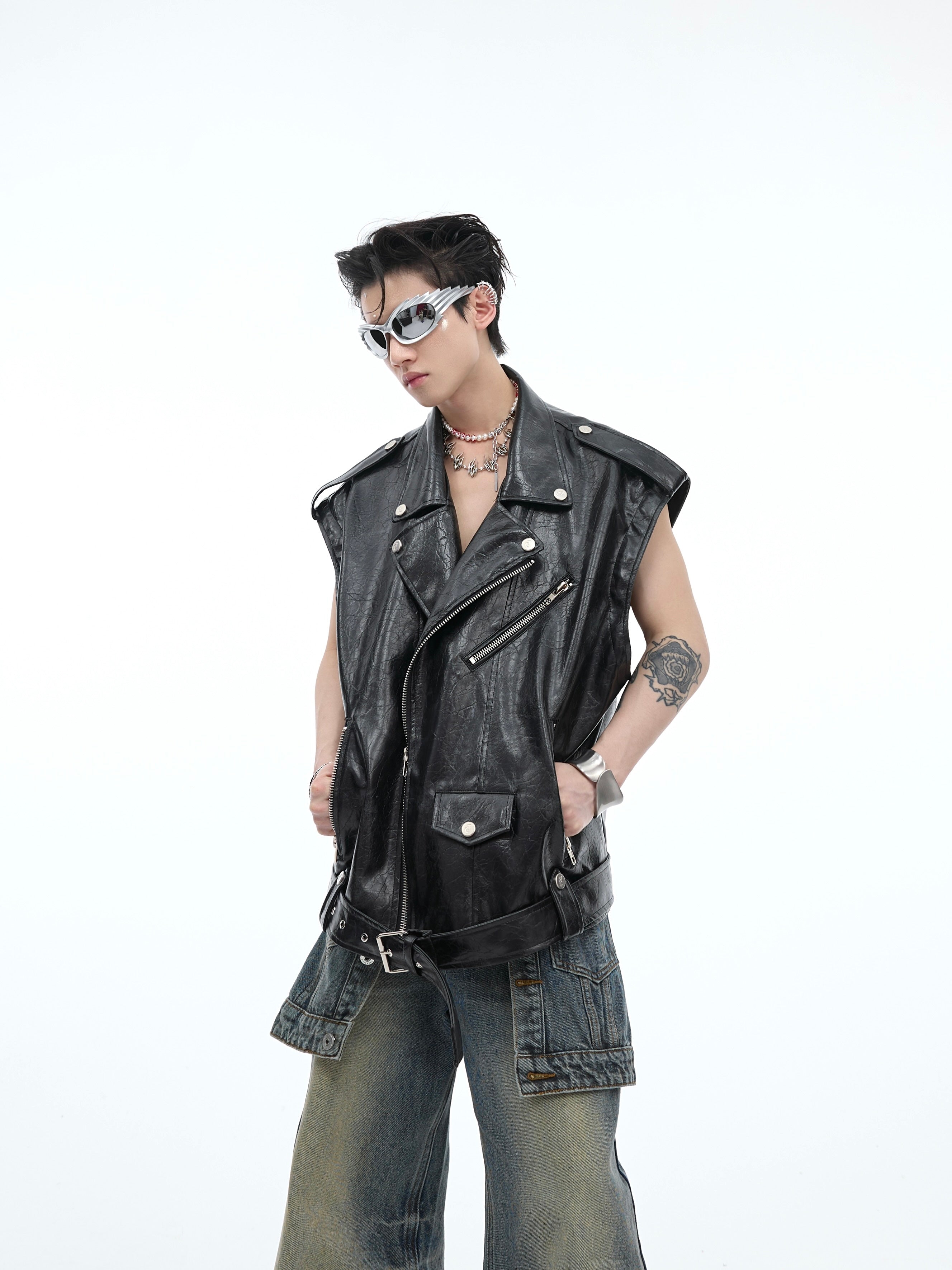 Model wearing the deconstructed vest showcasing its edgy urban style and perfect fit
