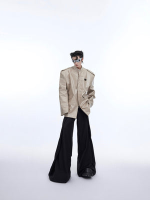 Back view of stylish urban leather jacket featuring deconstructed design and high-quality PU material
