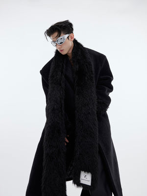 Back view of long plaid wool coat showcasing the unique deconstructed patchwork tailoring details