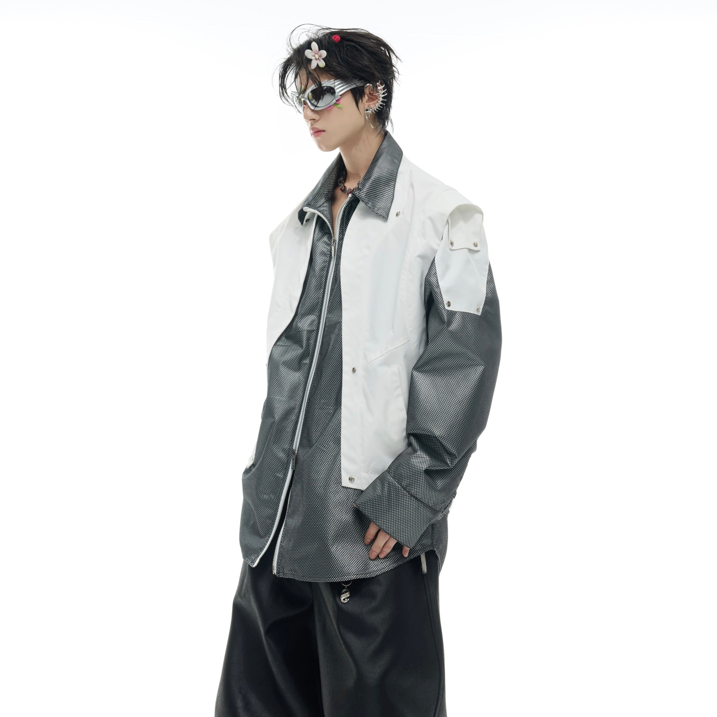 Back view of workwear-inspired mesh overshirt featuring functional pocket details