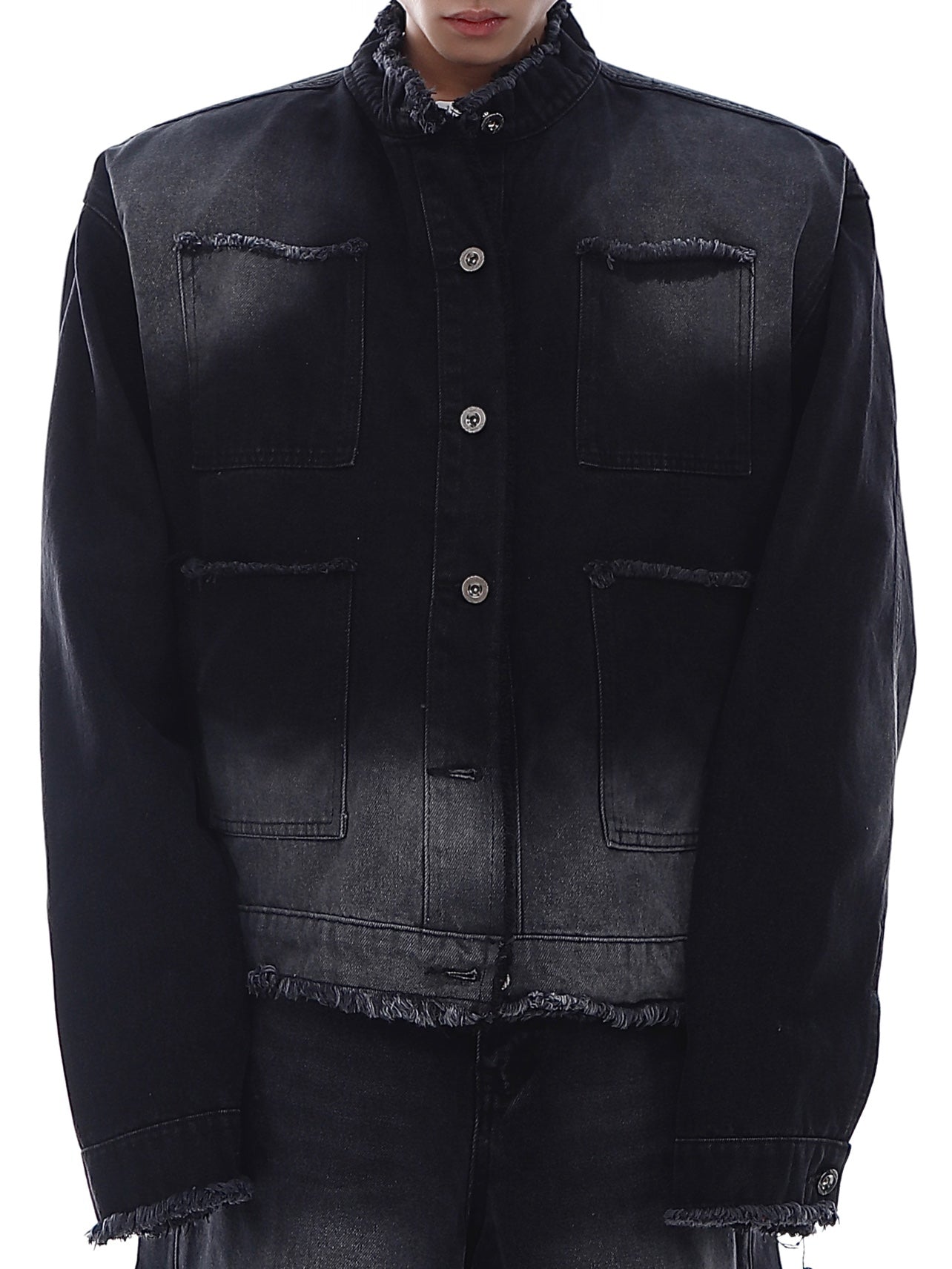 Vintage washed denim jacket with cropped fit and padded shoulders, avant-garde streetwear essential for unisex fashion