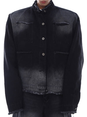 Vintage washed denim jacket with cropped fit and padded shoulders, avant-garde streetwear essential for unisex fashion
