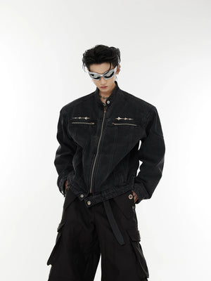 Vintage washed denim jacket with distressed finish and edgy metal accents, showcasing premium cotton fabric with authentic fading