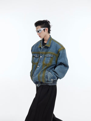 Front view of vintage washed denim jacket with distressed details and cropped fit, perfect for streetwear looks