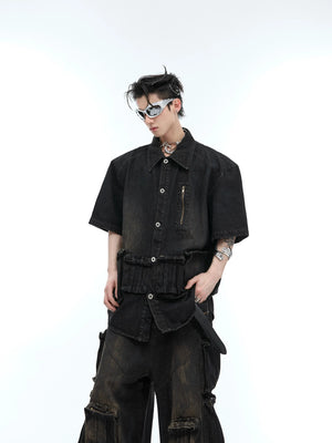Front view of vintage distressed denim shirt with hand-painted streetwear design and deconstructed details