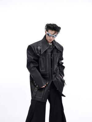 Vintage red distressed leather jacket with oversized fit and bone stitching, showcasing front view