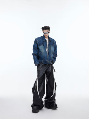 Model wearing the cropped denim jacket demonstrating its perfect fit for urban street style