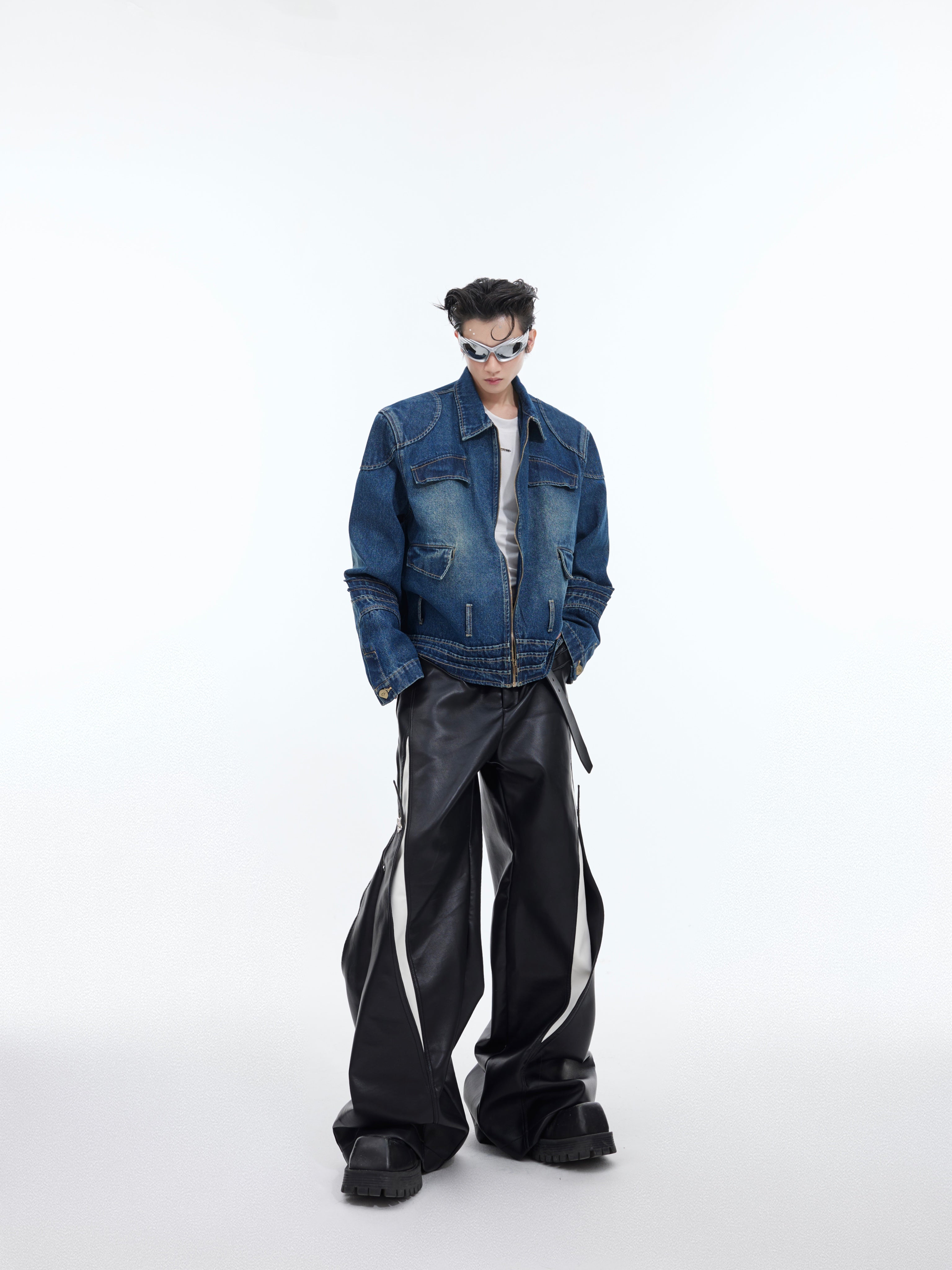 Model wearing the cropped denim jacket demonstrating its perfect fit for urban street style