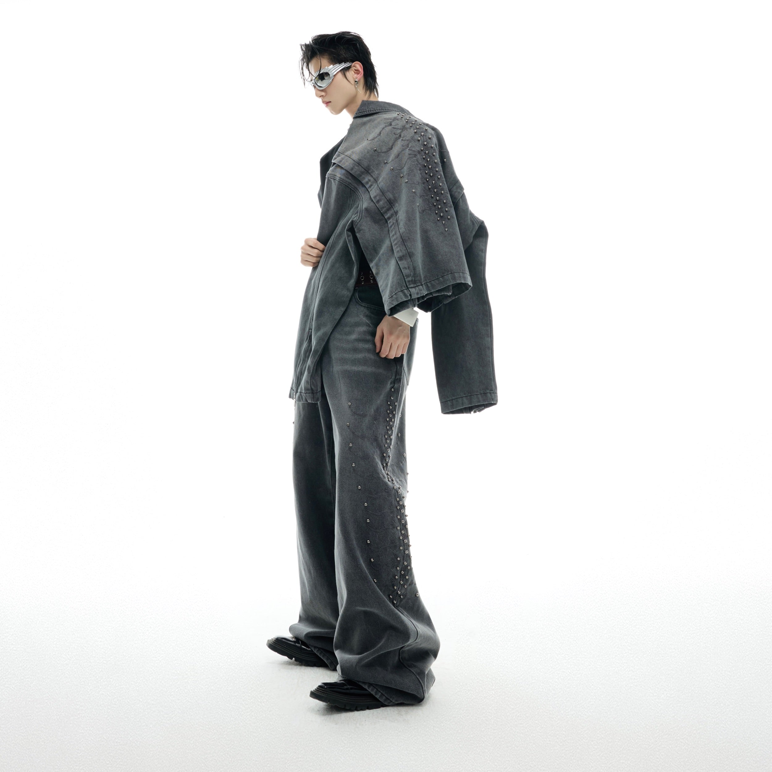Full-length view of fashion-forward denim jeans combining vintage and contemporary styles