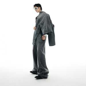 Full-length view of fashion-forward denim jeans combining vintage and contemporary styles