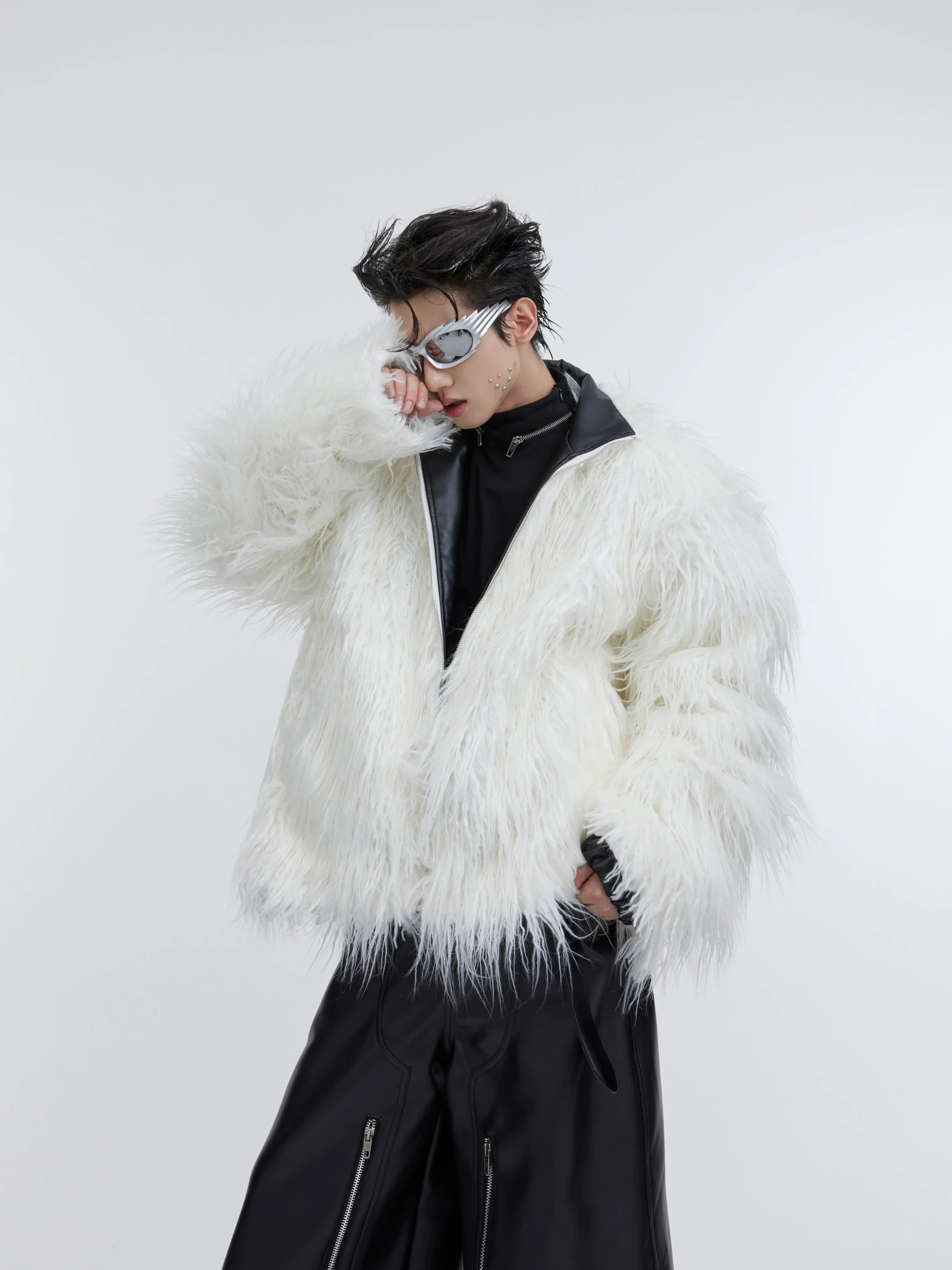 Vintage wave-print faux fur coat with unique ripple texture, showcasing the luxurious long pile and winter streetwear style