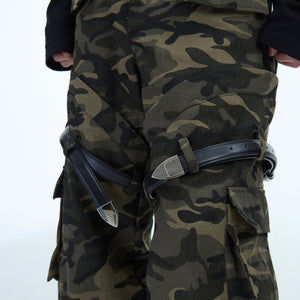 Detail shot showing reinforced pockets and heavyweight fabric on these military-inspired cargo pants