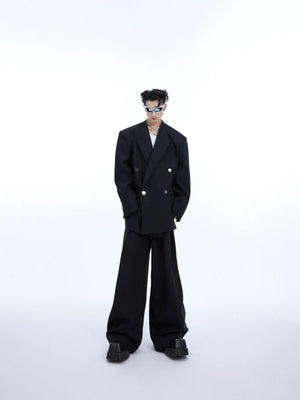 White deconstructed oversized blazer with metal buttons, showcasing avant-garde streetwear style and minimalist design