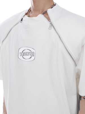 Close-up of the architectural silhouette showing 3D advanced cutting technique on this unisex statement tee