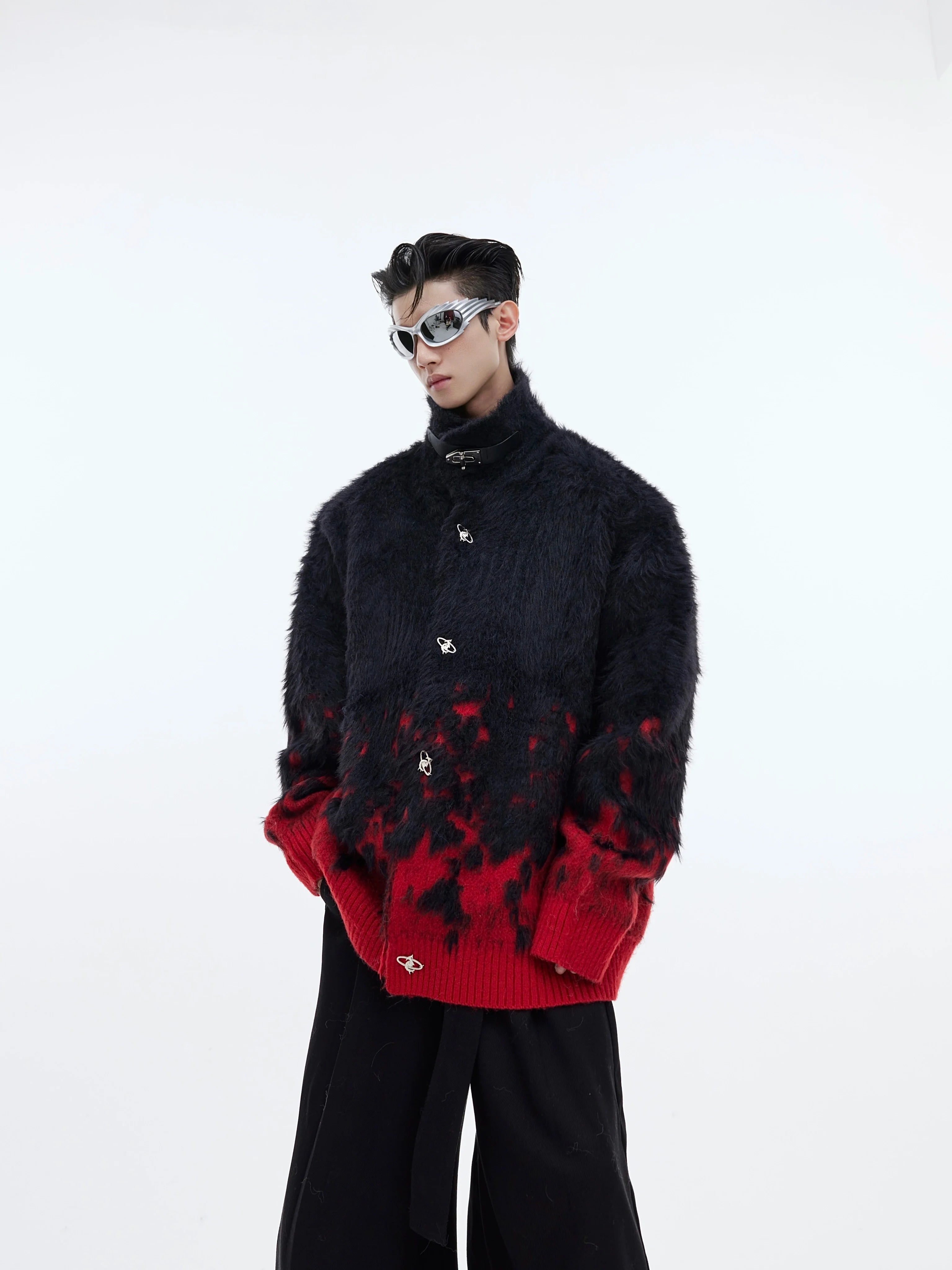 Front view of gradient knit sweater with metal buttons and faux fur trim, showcasing urban streetwear style