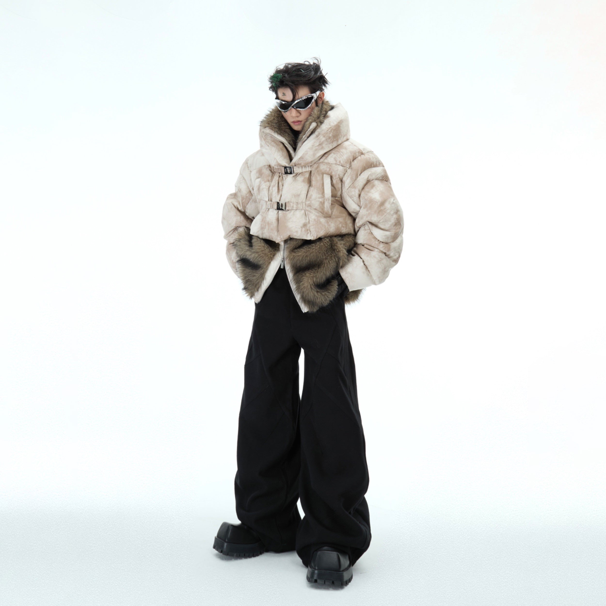 Close-up detail of high-quality faux fur trim on stylish deconstructed winter puffer jacket