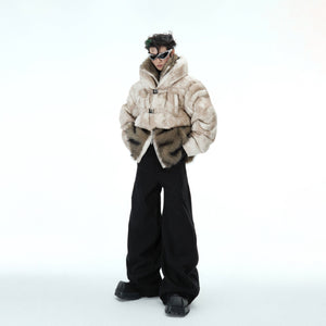 Close-up detail of high-quality faux fur trim on stylish deconstructed winter puffer jacket