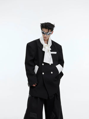 Men's deconstructed wool blazer featuring innovative color-block tie collar design for streetwear style