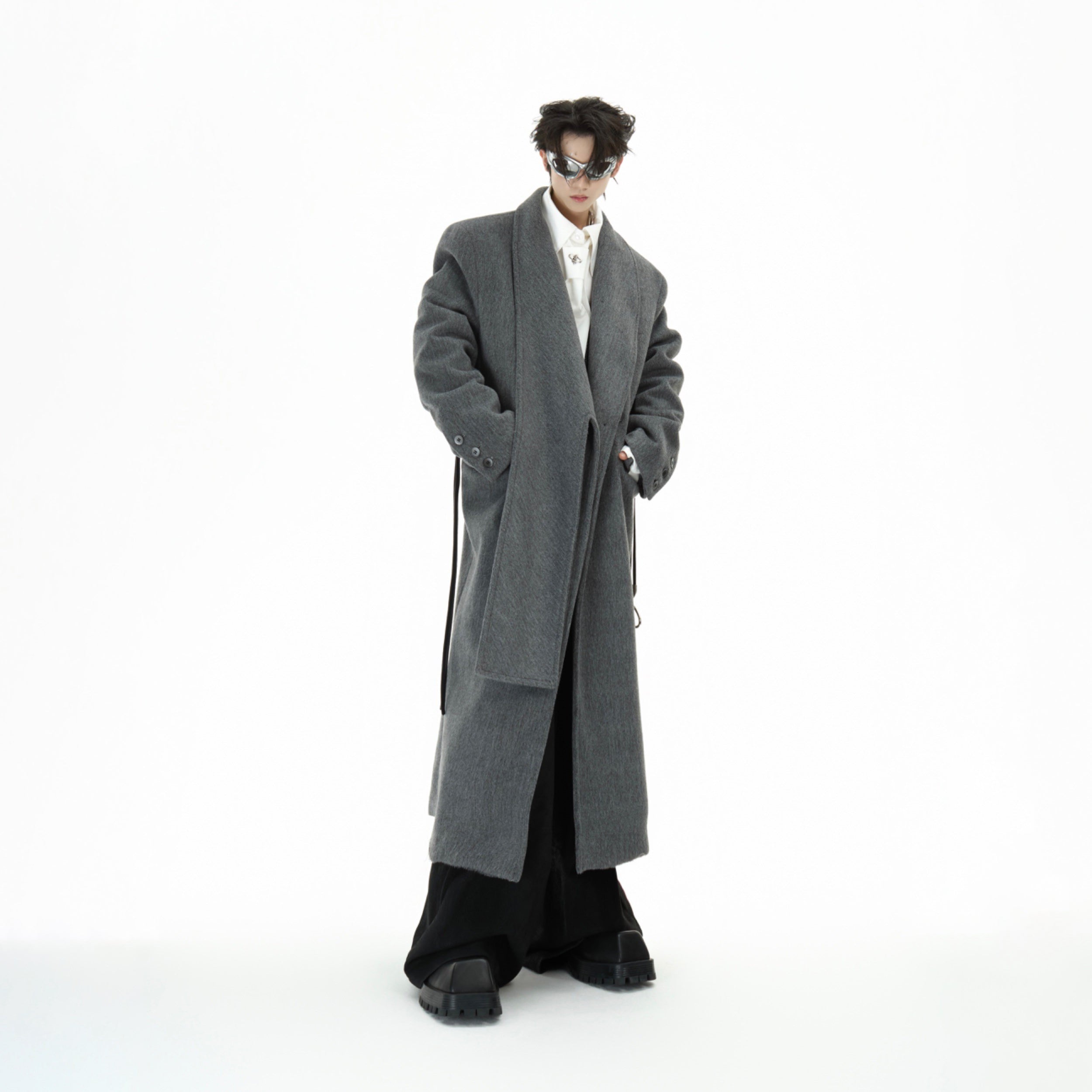 Close-up of the scarf-inspired collar on this premium wool blend trench coat with leather trim