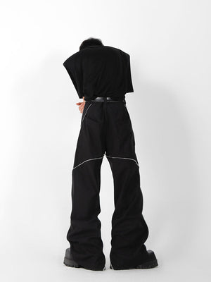 Rear angle of distressed straight-leg pants highlighting the street-ready flared design and comfortable fit