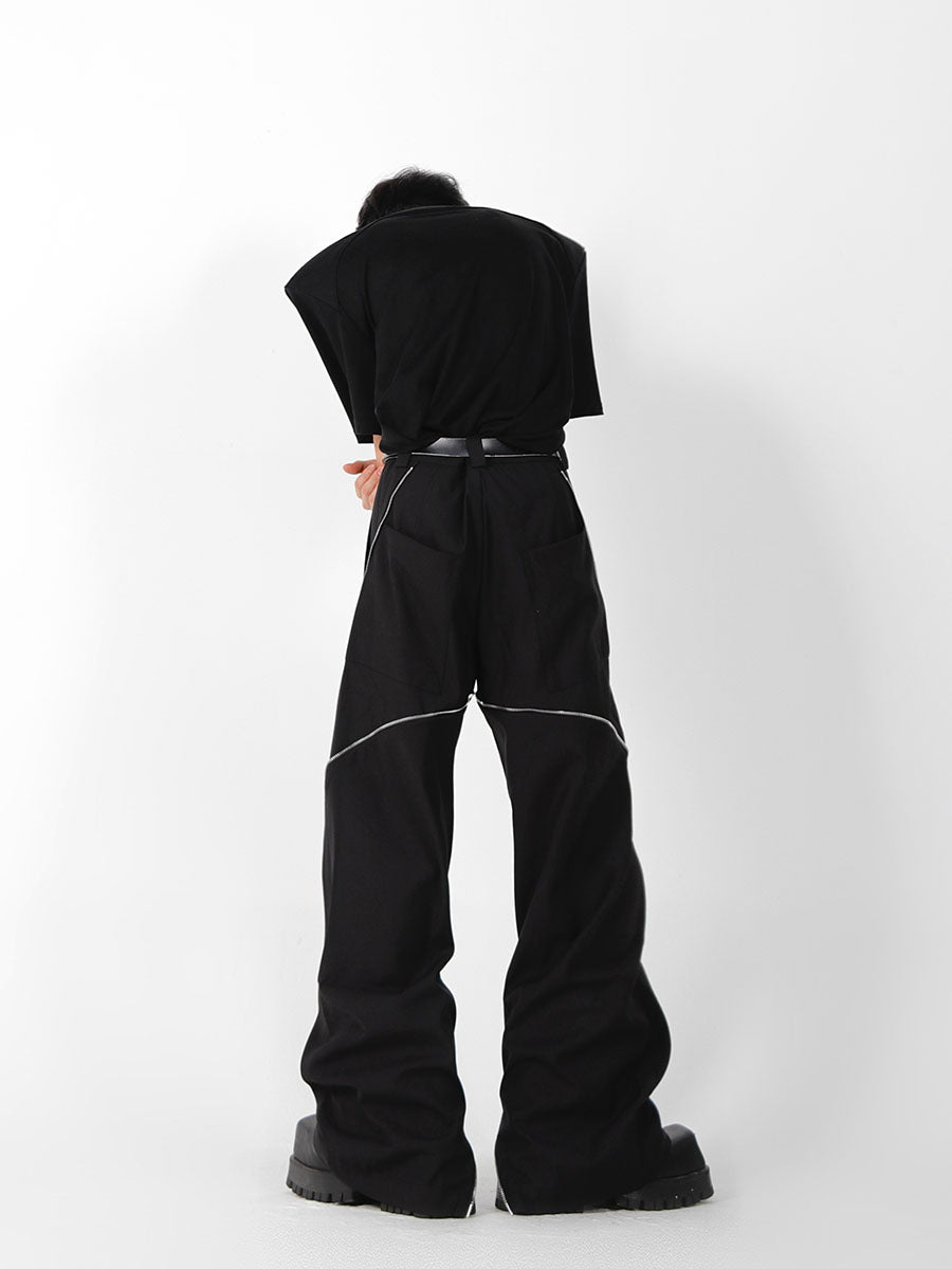Rear angle of distressed straight-leg pants highlighting the street-ready flared design and comfortable fit