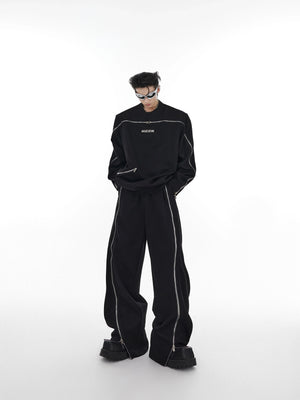 Deconstructed zip-up hoodie with premium metal zippers in oversized streetwear style
