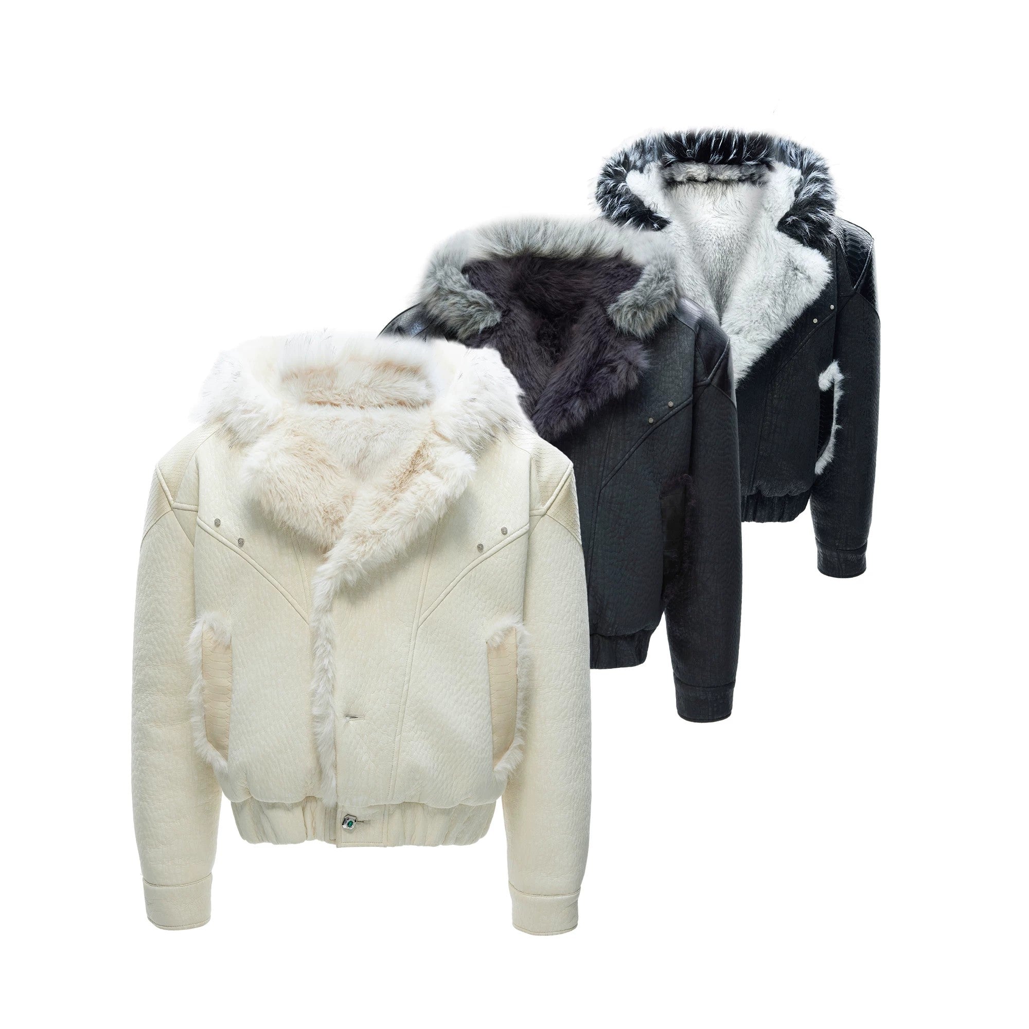 Front view of the oversized marble faux fur leather jacket in gray