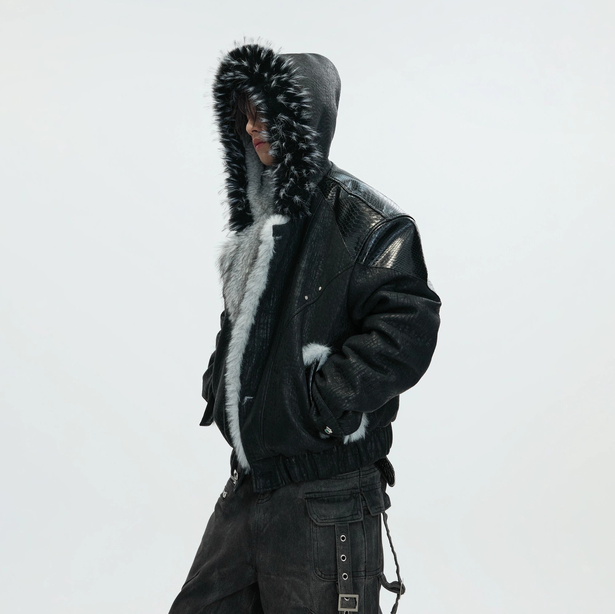 Back view of the baggy wolf fur winter jacket for men