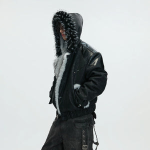 Back view of the baggy wolf fur winter jacket for men