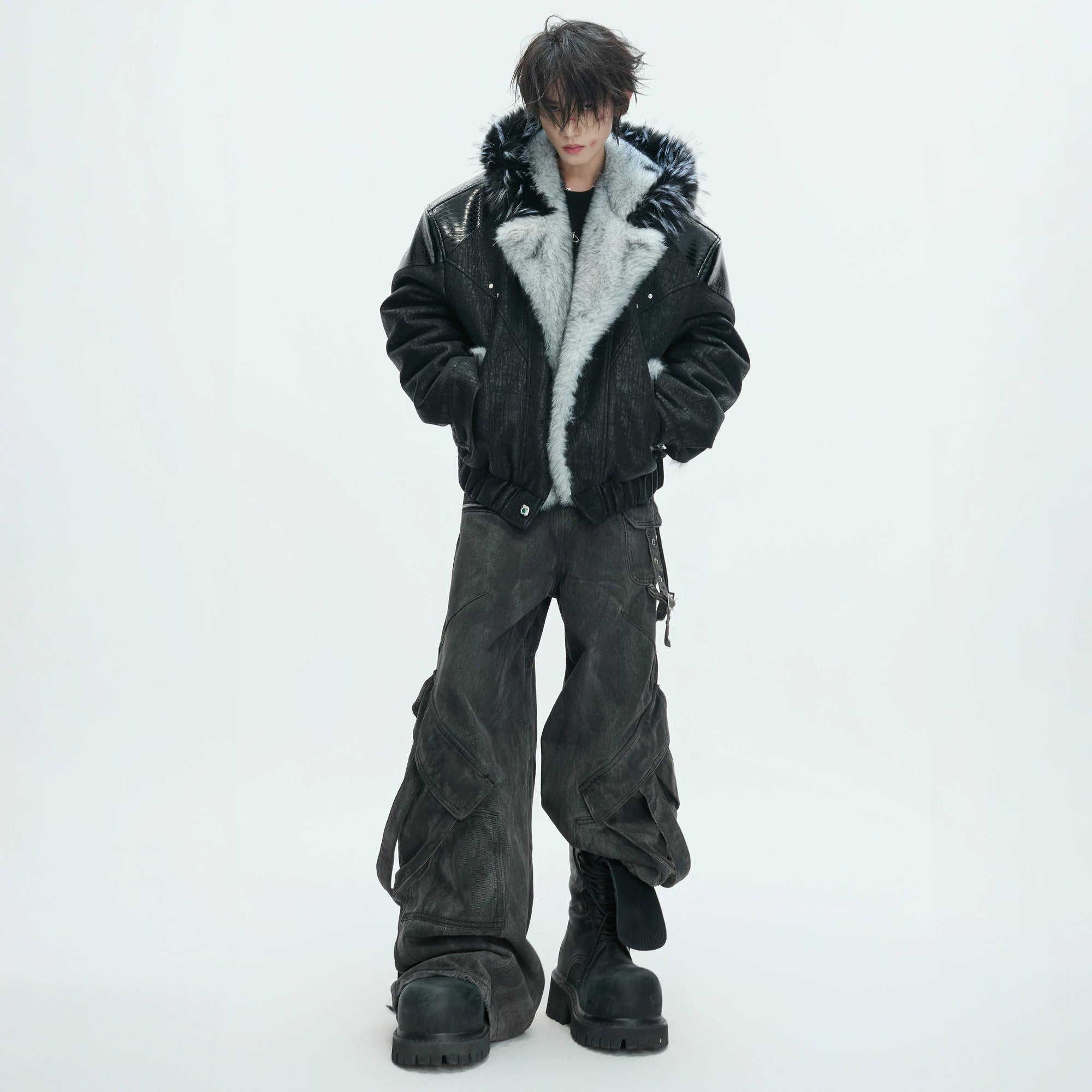 Detail of the high-density marble wolf fur collar texture