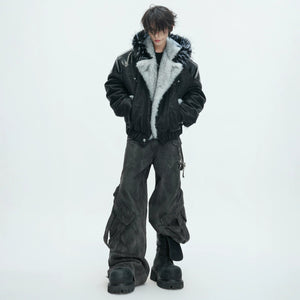 Detail of the high-density marble wolf fur collar texture