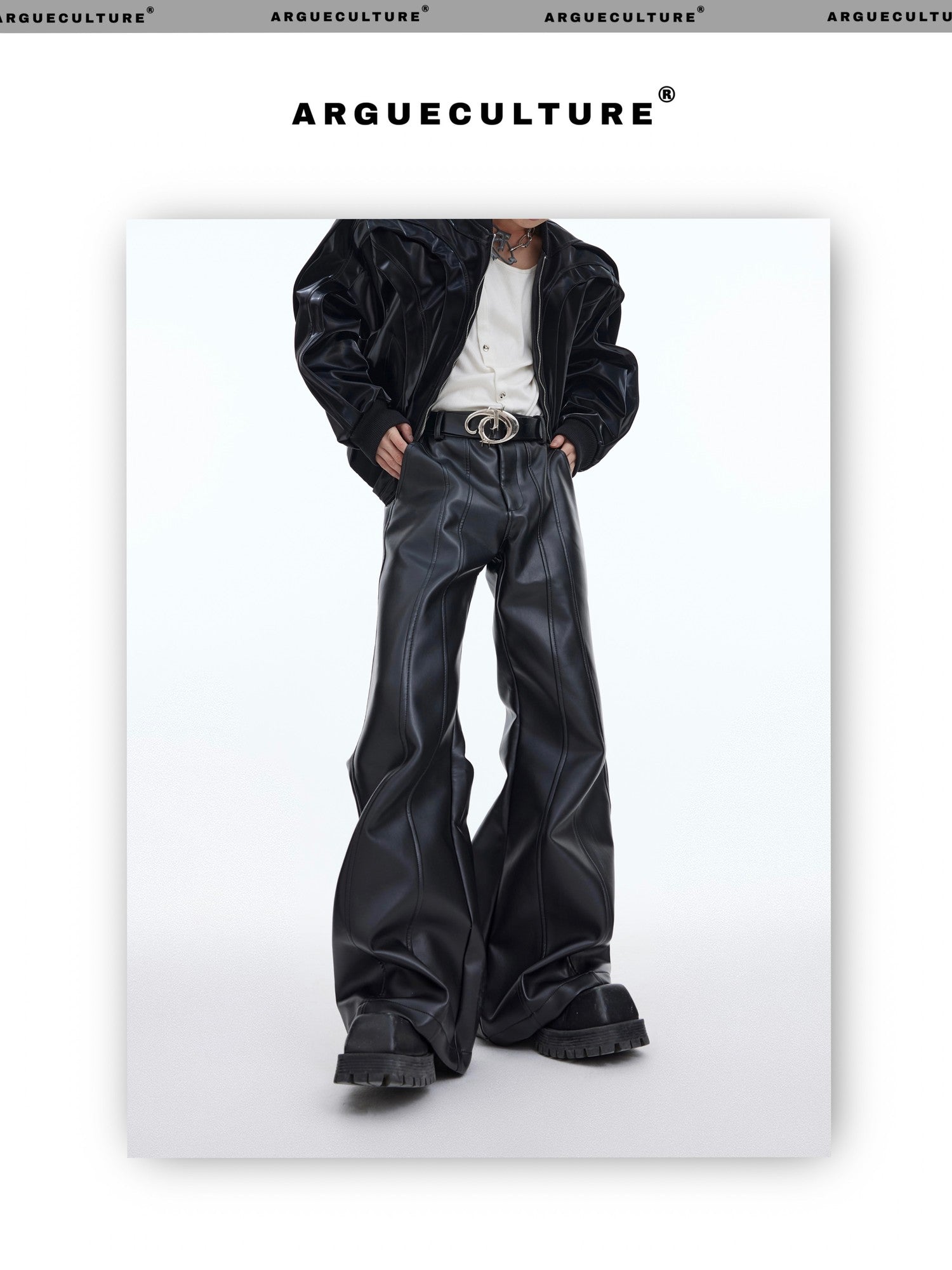 desc::matte-deconstructed-slim-flared-leather-pants-detail-img-1
